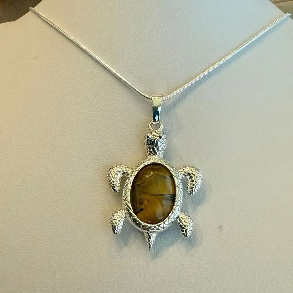 Handcrafted Silver Turtle Pendant Necklace Tiger’s Eye Gemstone Beach Theme Jewe
